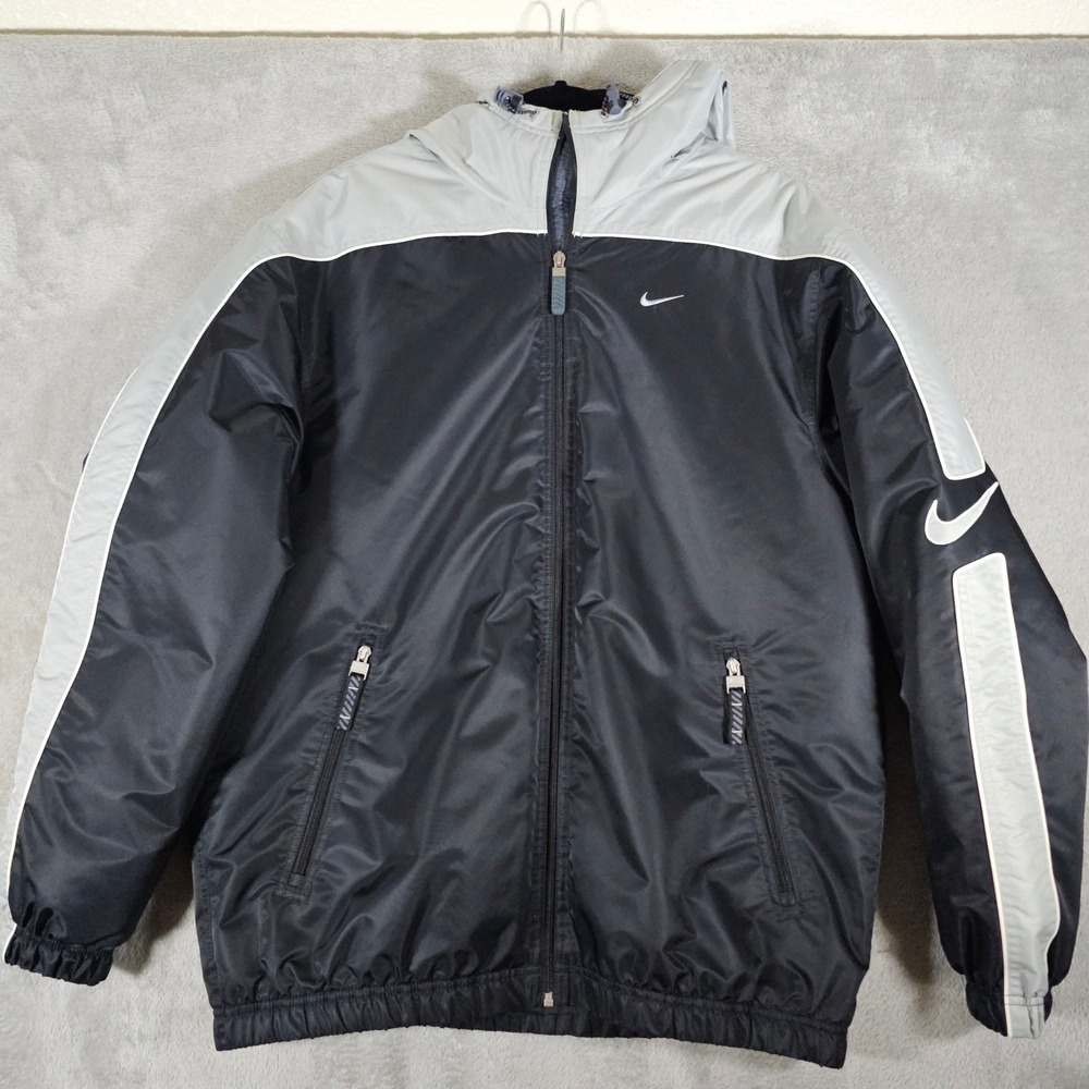 Nike Jacket Mens Medium Black Gray Water Resistant Hooded Windbreaker 117534 VTG